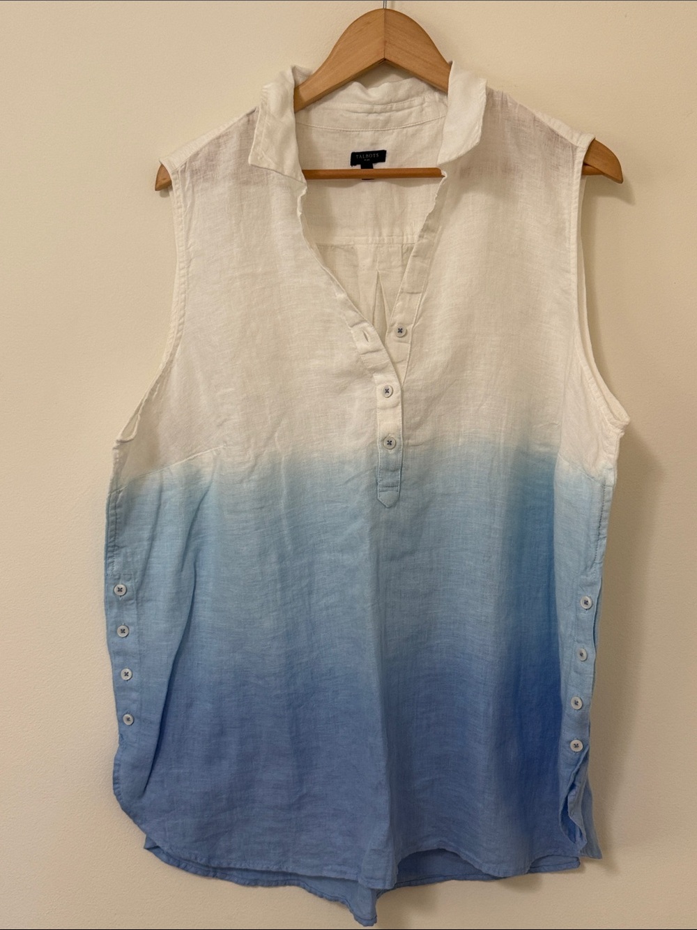 Talbots White to Blue Ombre Sleeveless Linen-Blend Henley